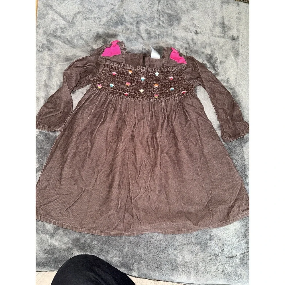 Vintage Gymboree Smocked Brown Corduroy Dress Embroidered Flowers Fall Bows